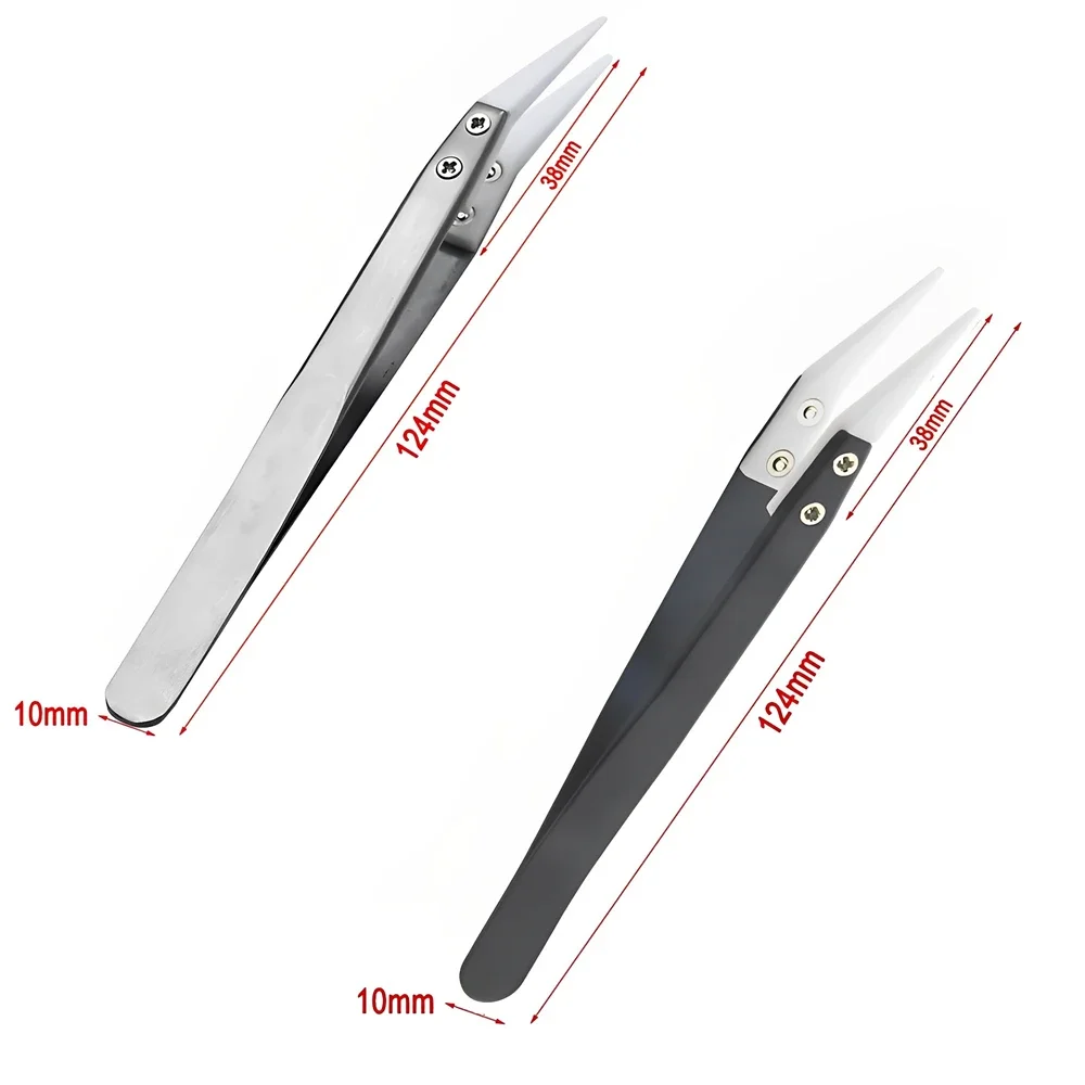 1/2pcs Stainless Steel Ceramic Tip Tweezers Antimagnetic High Temperature Resistant Non-Conductive Tip Hand Tool