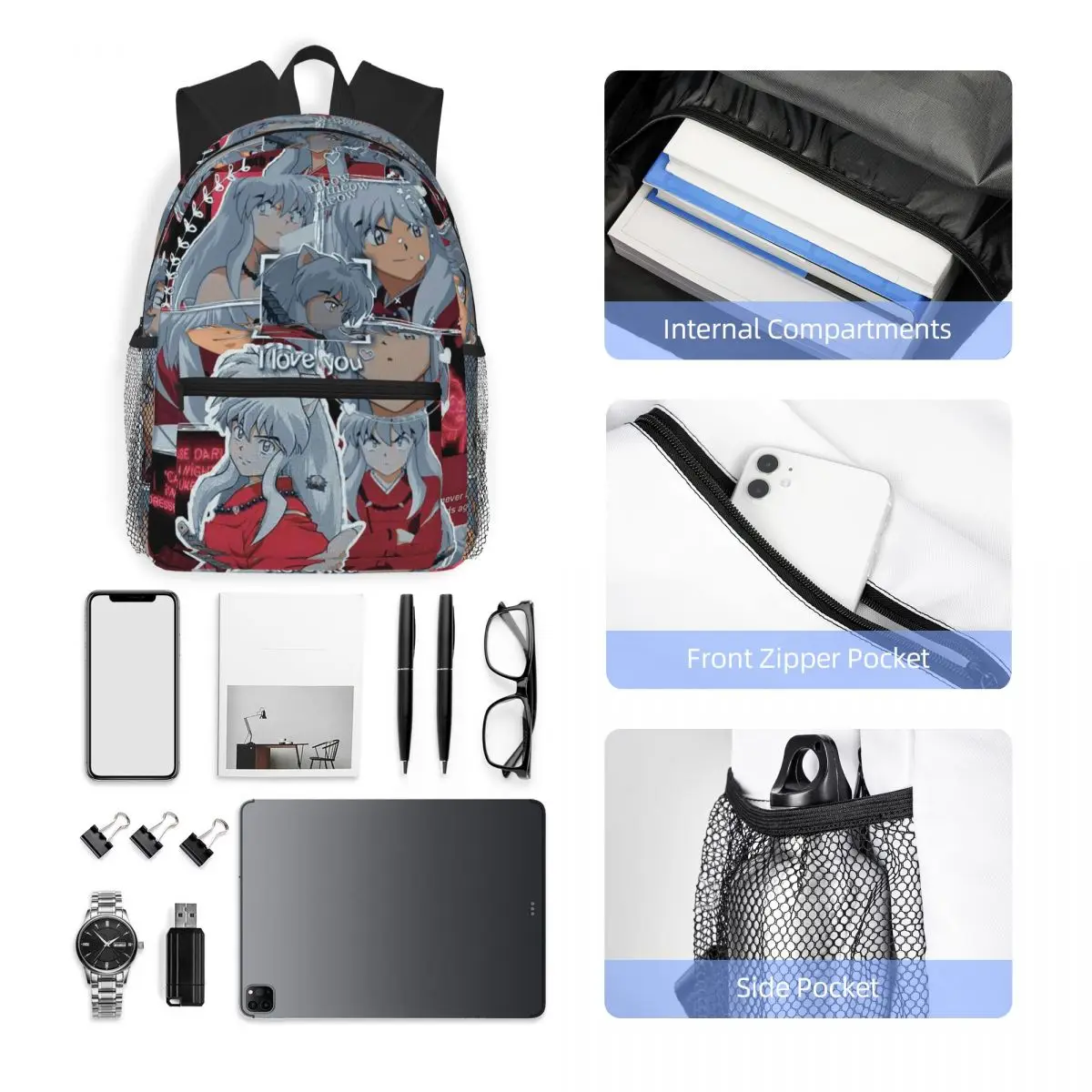 이누야샤 애니메이션 학생 배낭 학교 가방 소년을위한 하이킹 여행 데이 팟 소녀 패션 Bookbag 어깨 가방
