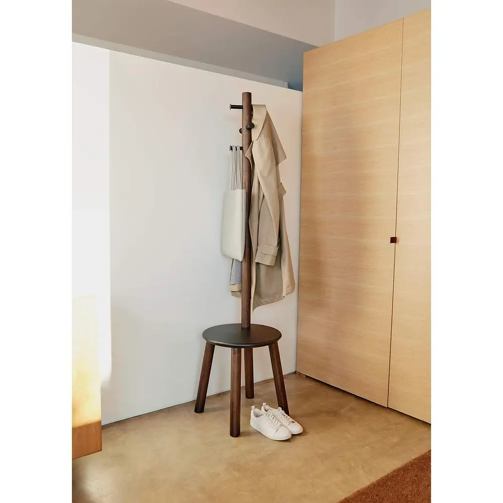 Black Walnut Pillar Style Coat Rack and Stool Combo