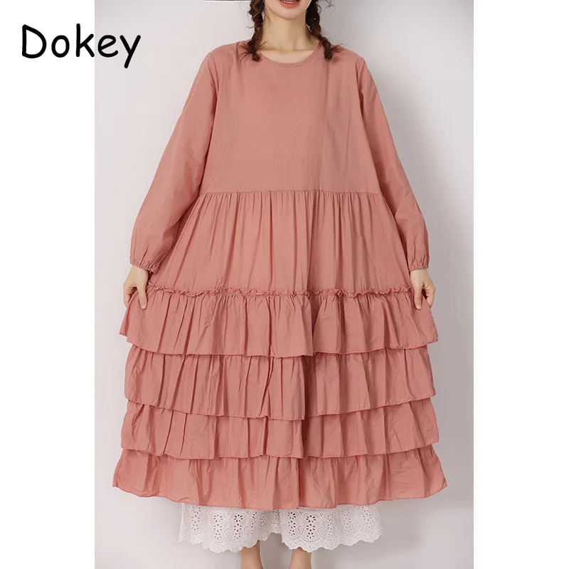 Vintage Ruffled Cake Cotton Linen Dress Women Spring Japanese Mori Girl O-Neck Long Sleeve Loose Long Dress Casual Vestido Mujer