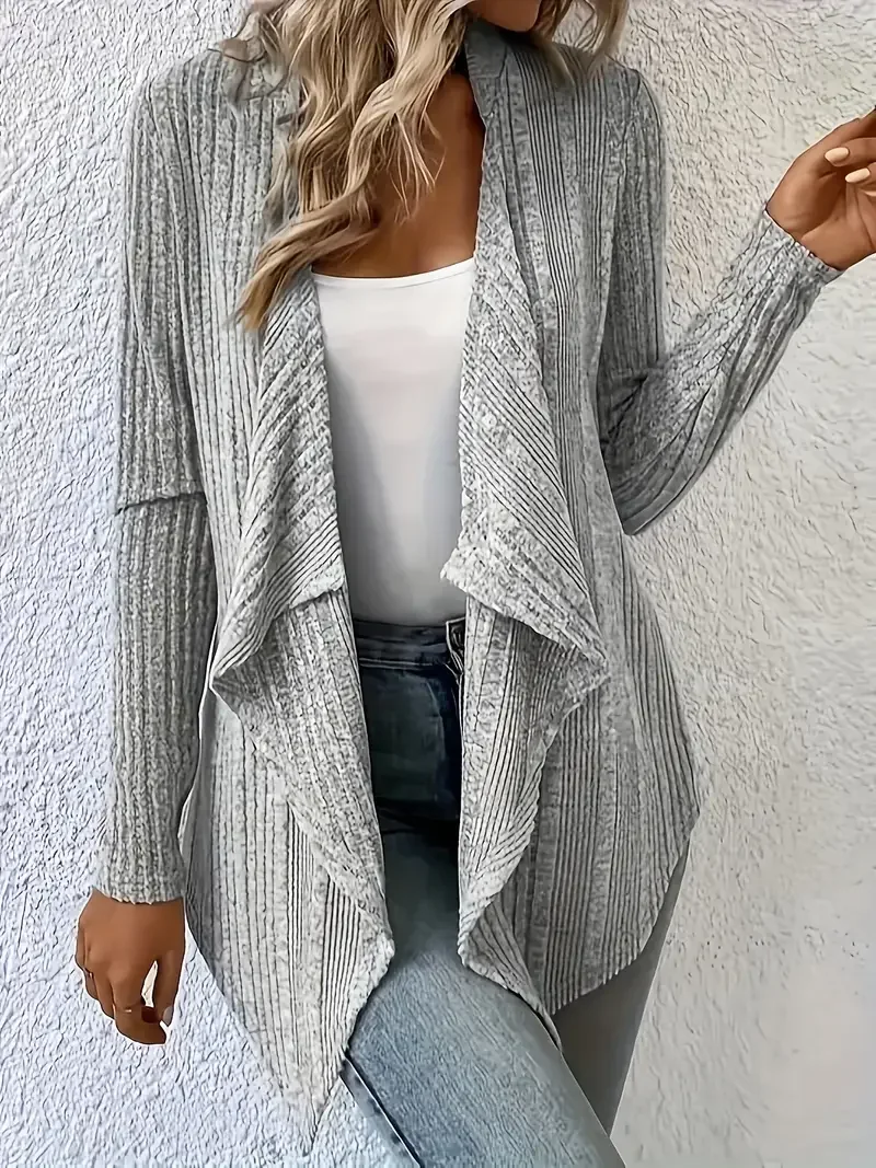 Plus Size 1XL-5XL Women\'s Fashion Long Sleeved Cardigan Casual Solid Color Ribbed Cardigan Loose Spring and Autumn Cardigan