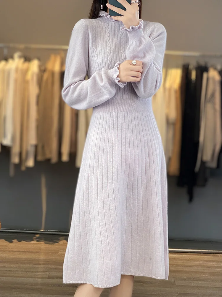 100% ميرينو الصوف المرأة البلوز فستان مع الفطريات طوق الخريف الشتاء موضة عادية محبوك الكشمير تنورة طويلة