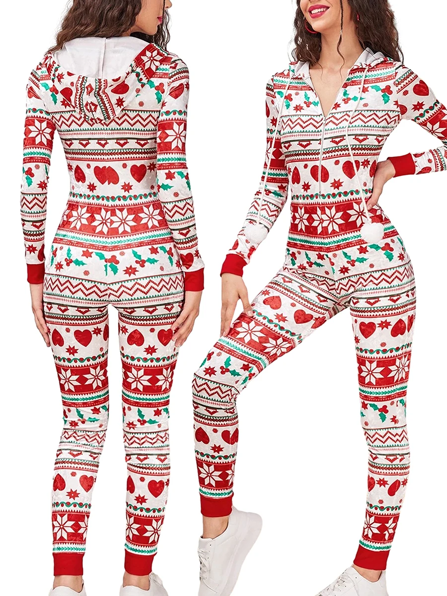 2023 Christmas Outfits Women\'s Long Pajama Romper Long Sleeve Drawstring Heart Star Print Jumpsuit Pajama Lounge Nigntwear