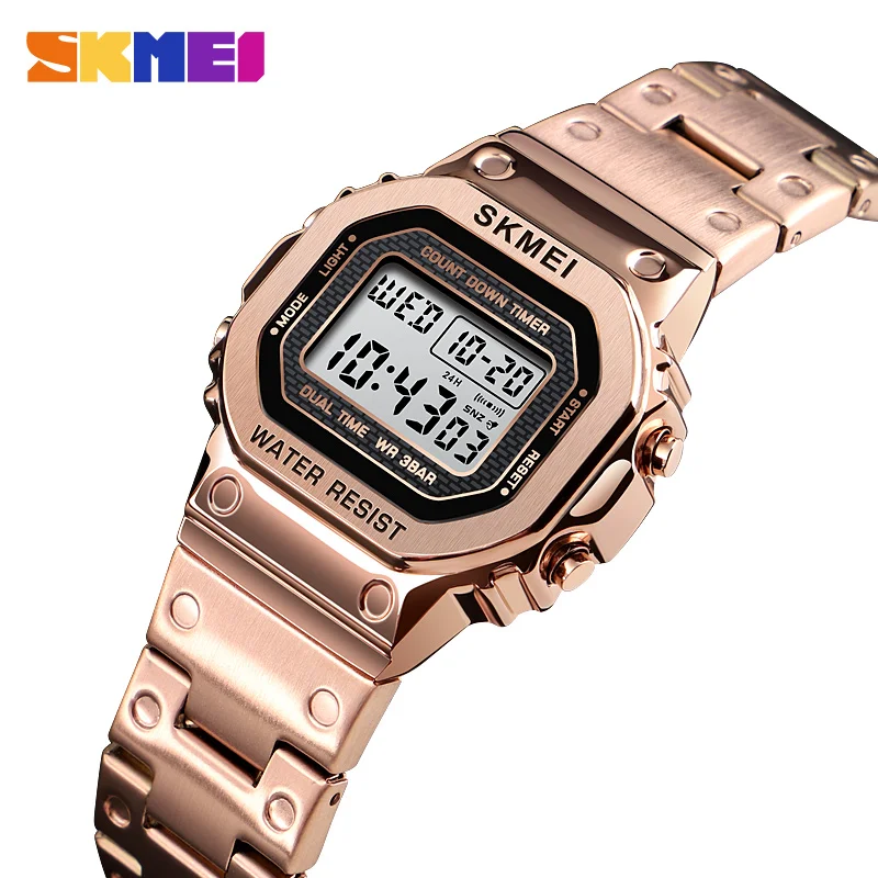 SKMEI 1433 Women Fashion Digital Watch Luxury Brand Multi-Function Waterproof Watch Girl Stainless Steel Strap Clock reloj mujer