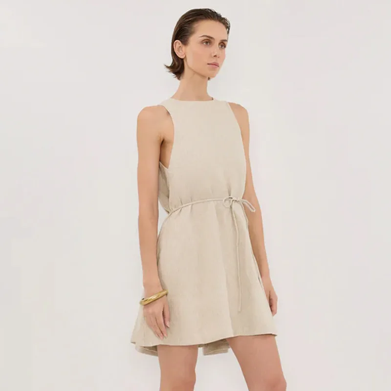 100% linnen elegante korte damesjurken met veters nieuwe zomer mouwloze losse strandvakantie a-lijn mini-jurk boho-jurken