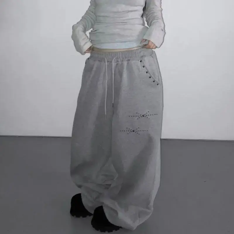 Deeptown Gray Rhinestones Women Sweatpants Black Vintage Wide Leg American Style Hip Hop Trousers Oversized Jogging Casual Thick