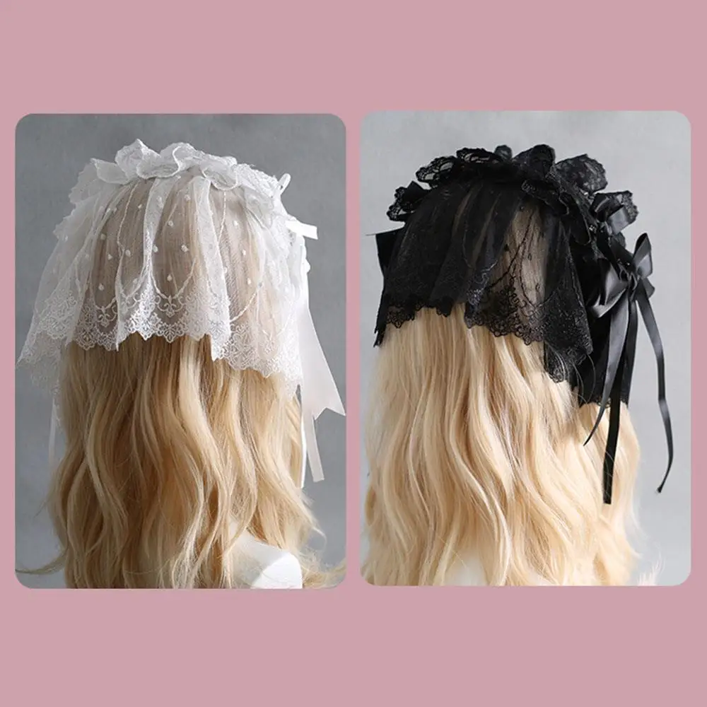 

Готическая милая повязка на голову, винтажная элегантная лента для волос с бантом, универсальная кружевная вуаль, повязка для волос, головной убор с ангелом, черно-белая вуаль, аксессуар
