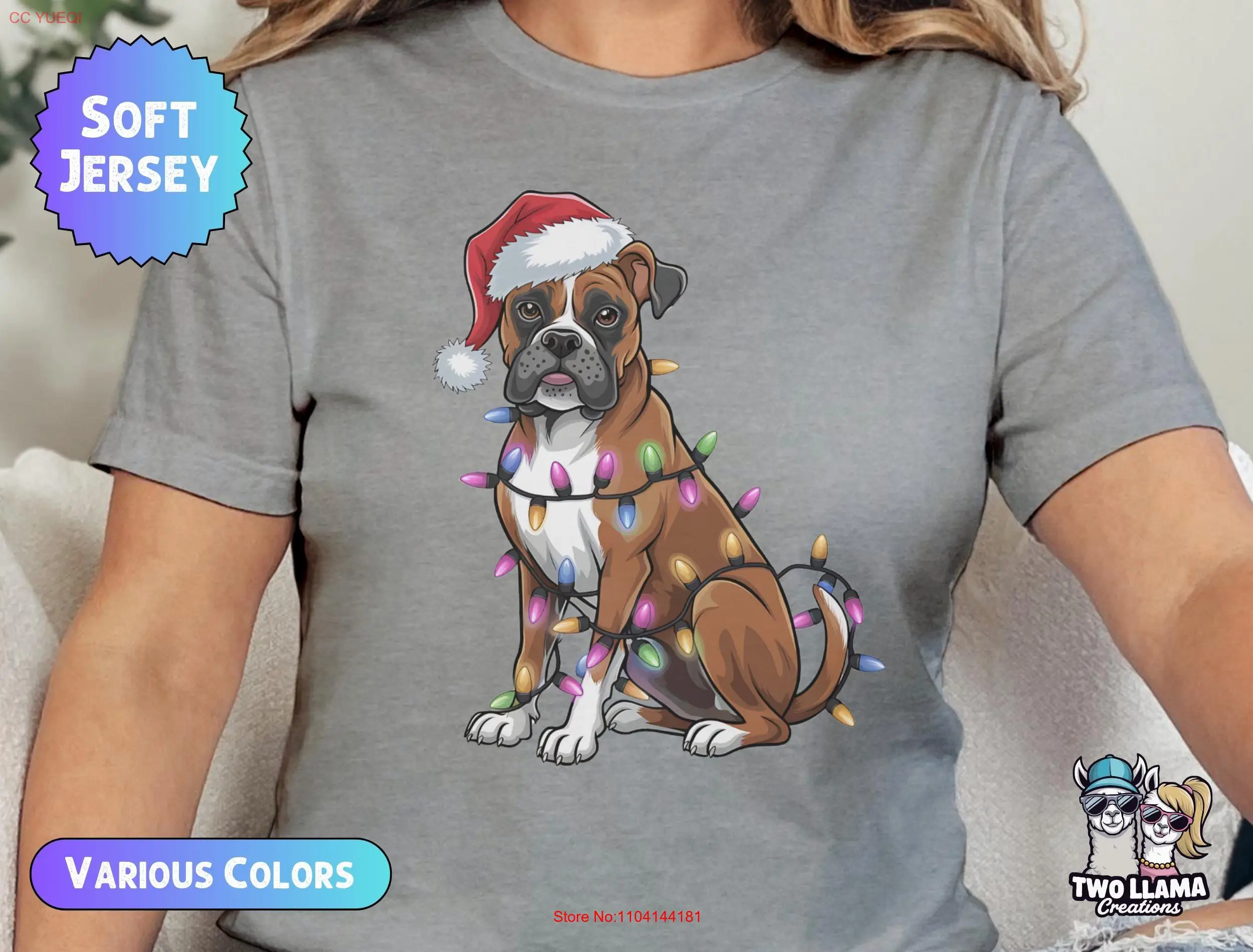 

Boxer Dog Christmas Lights T Shirt Festive with Santa Hat Holiday Pet Lover Cute Cozy Winter Outfit long or short sleeves