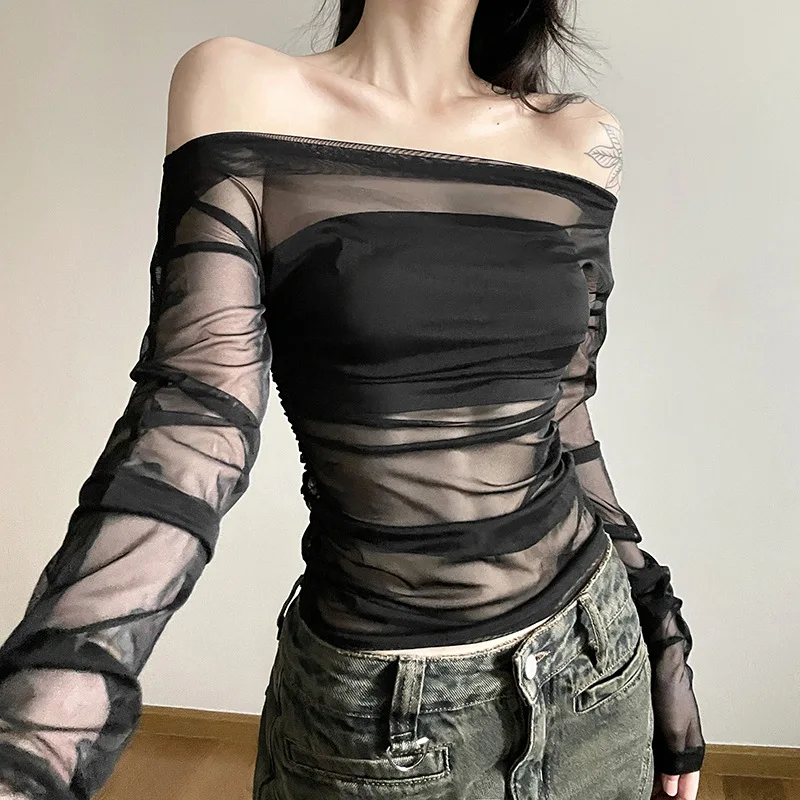 ALLNeon Solid Sheer Women Two Piece Set Sexy Slash Neck Long Sleeve Mesh Crop T-Shirt With Tupe Top Slim Y2K Fashion Streetwear