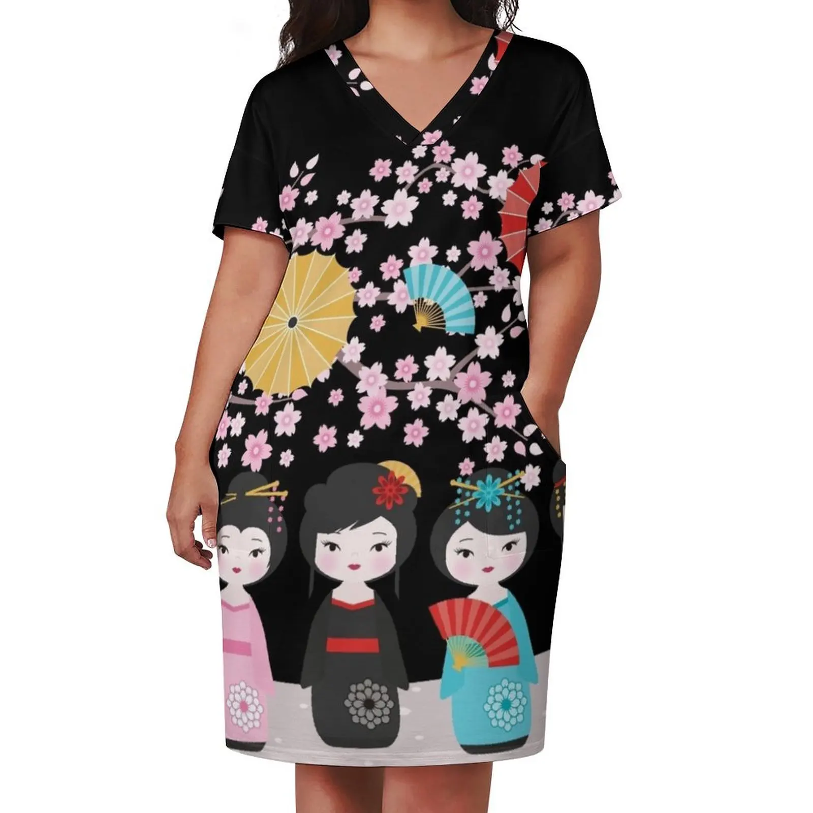 Japanese Kokeshi Dolls Black Loose Pocket Dress long sleeve dresses Elegant gowns