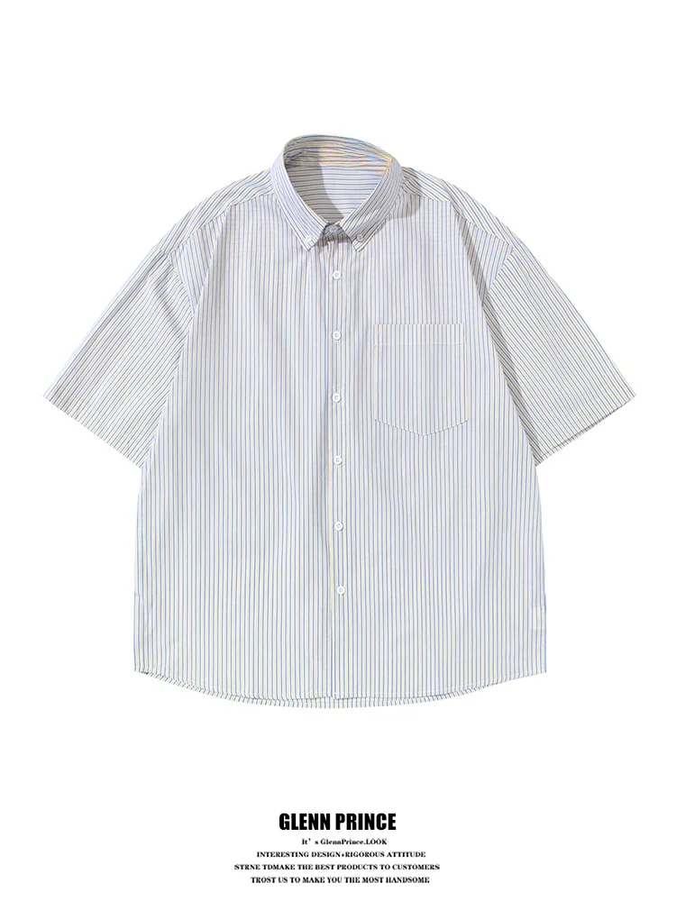 

American Style Cleanfit Striped Short Sleeve Shirt for Men Summer Trendy Youthful Loose Fit Pure Cotton Teenage Shirt Jacket