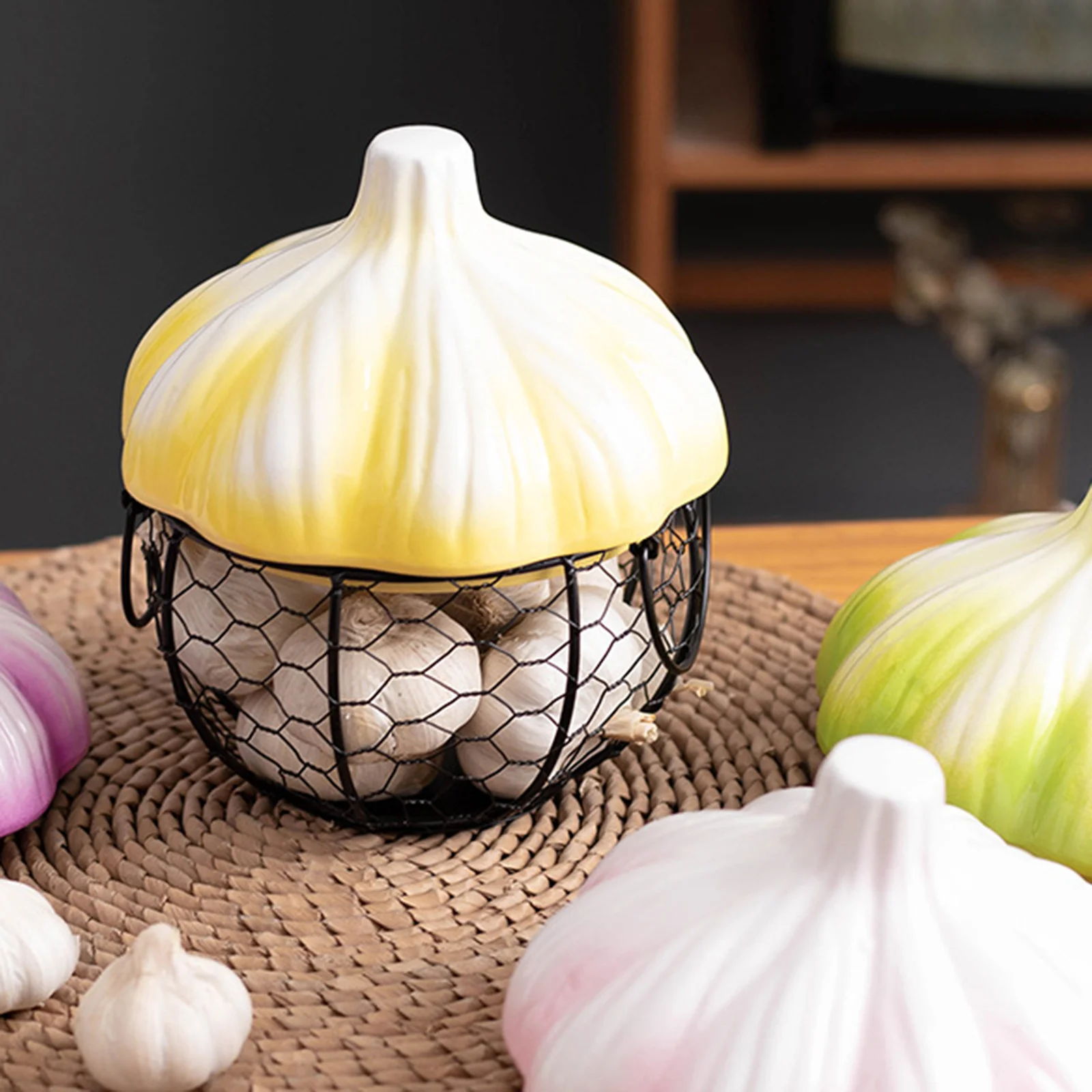 

Desktop Egg Basket Countertop Iron Storage Ceramic Lid Breathable Kitchen Ornament Multi-Function Tidy Space Saving Garlic