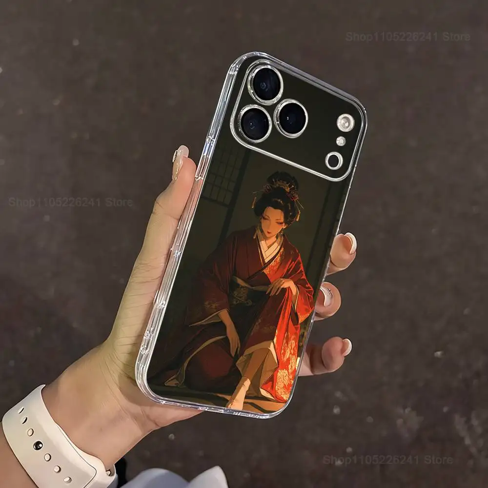 Etui na iPhone'a 16, 13, 12, 11, 17, 14, 15, Pro, Max, Plus, X, XS, XR, SE, Mini z przezroczystego, miękkiego silikonu z motywem gejszy, japońskiej sztuki.