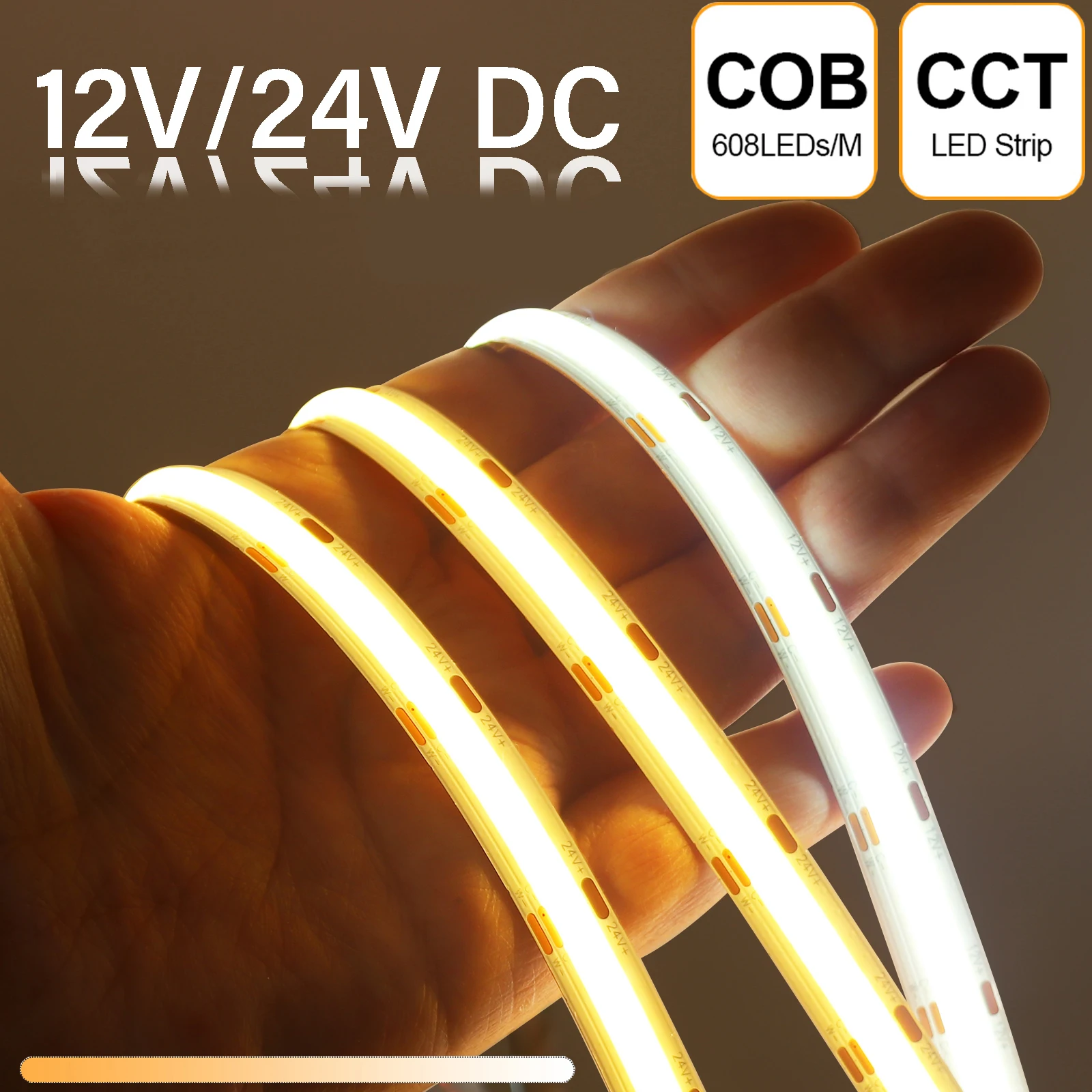 DC12V 24V COB CCT LED Strip Light 2700K to 6500K Changeable 608 LEDs/m Tape Flexible Lamp RA90 Dimmable Linear Lighting for Room