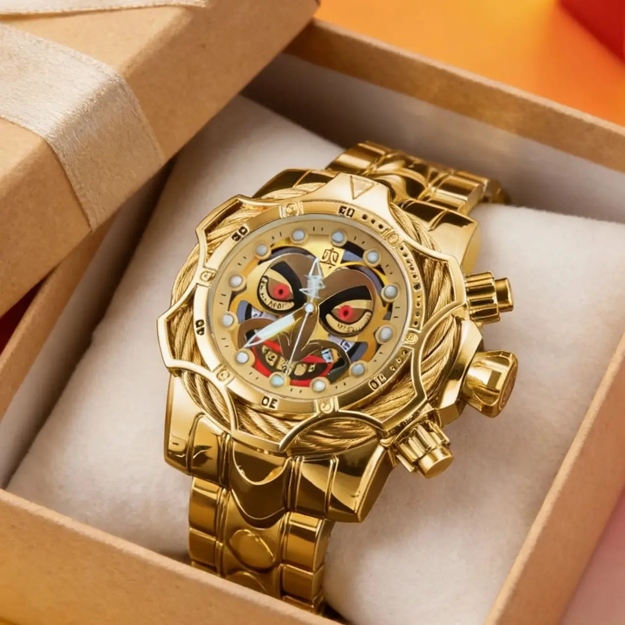 Luxurious Gold Men's Quartz Watch, Hip-Hop Style Clown Face Dial, Waterproof Steel Band, Large Case, Men's Wristwatch, European and American Style, Suitable for Fashion, Casual, Business, Party, Gift Watches