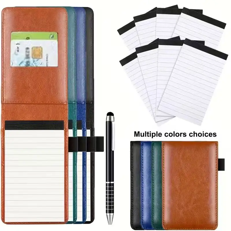 Libreta de Bolsillo A7 con Bolígrafo - Cubierta de Imitación de Cuero, Páginas Reemplazables (Recargable), Diario Compacto para Notas, Reuniones, Viajes