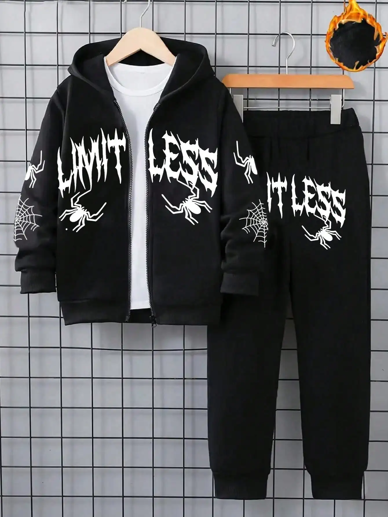 Children's Hooded Jacket And Elastic Waist Pants Set with Zipper Letter Spider Print Long Sleeved Autumn Winter Clothing