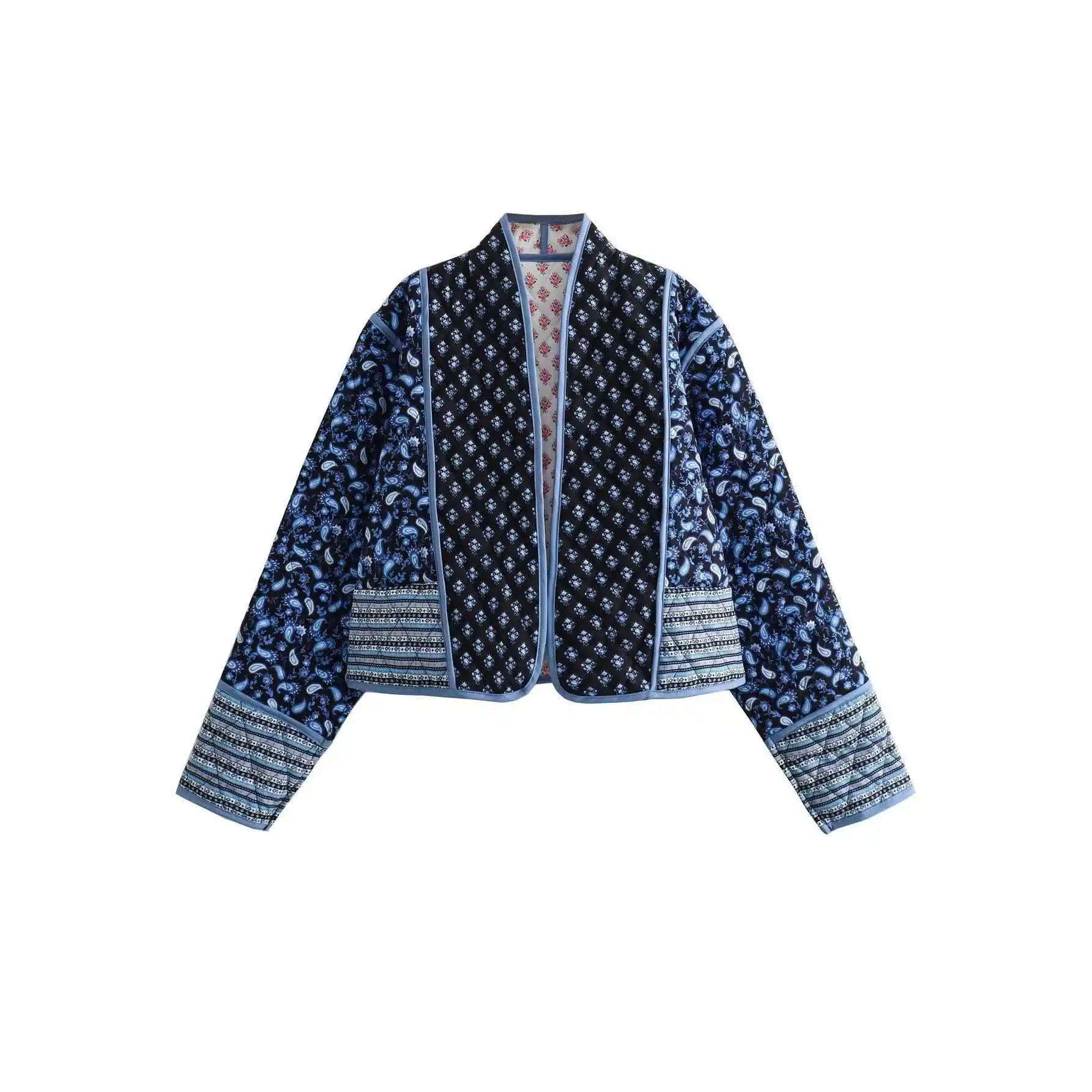 

Fashion Printed Retro Contrast Color Short Cotton Jacket Women's Casual Warm Autumn Winter Polyester European American Style