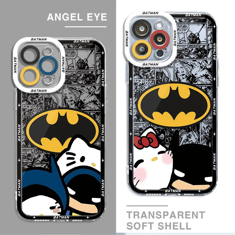 Cute Batmans hellokitty Phone Case for iPhone 15 Plus 14 Pro Max SE 13 Mini 11 XS Max 7 8 12 Pro XR 14 Transparent Soft Cover