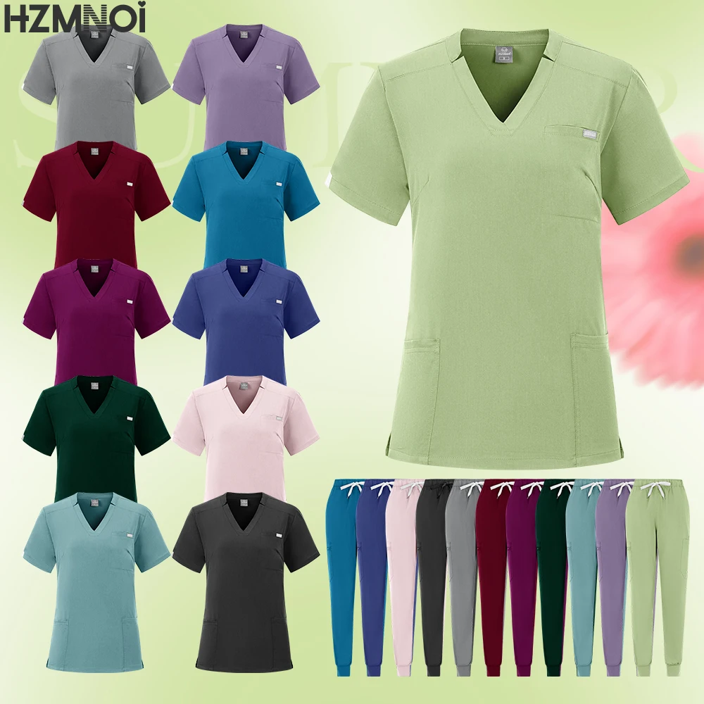 Multicolorido feminino pet shop médico esfrega cirurgia médica workwear conjunto esfrega uniforme manga curta topos + calças uniforme de enfermagem