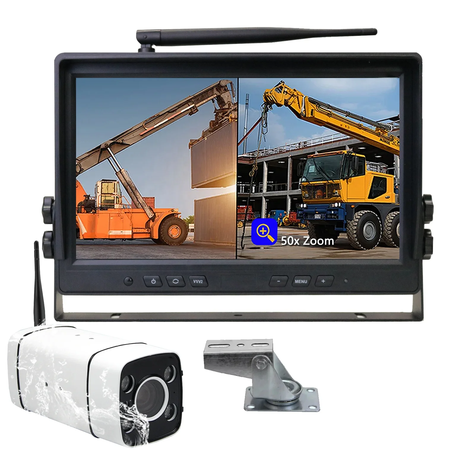 

IPoster Wireless Tower Crane System 50X Zoom Camera Waterproof Metal Case 10.1 Inch IPS Screen Quad Monitor DVR Loop Recording