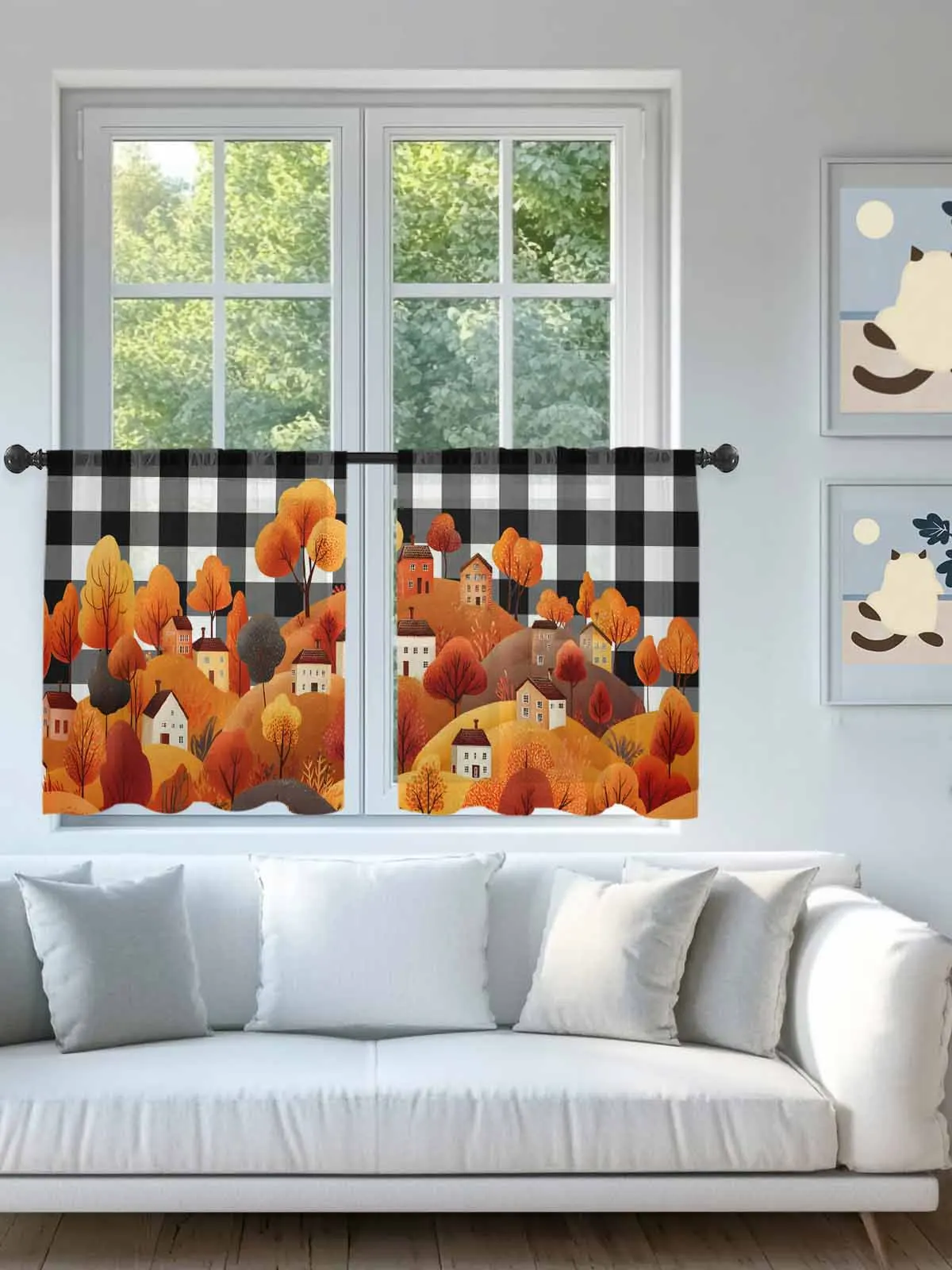 

Autumn Hills House Plaid Sheer Voile Curtains for Living Room Window Treatment for Bedroom Kitchen Drapes