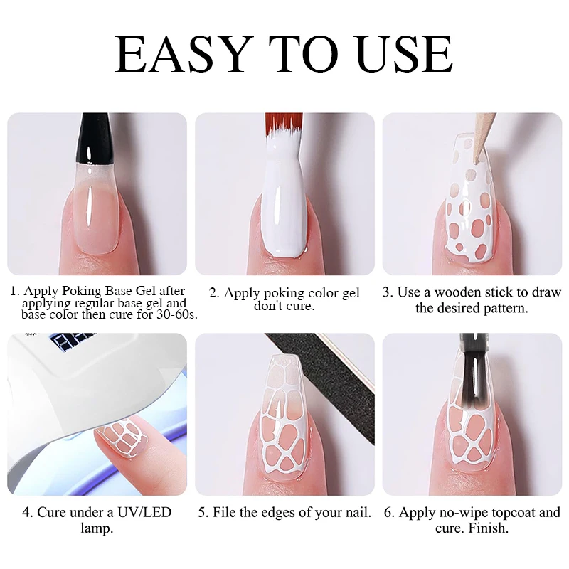 5ML Poke Art Gel Nail Polish Lace Hole Black White Poke Bubble Ocean Wave Pattern Soak Off UV Painting Gel Poke Base Gel Needed 6