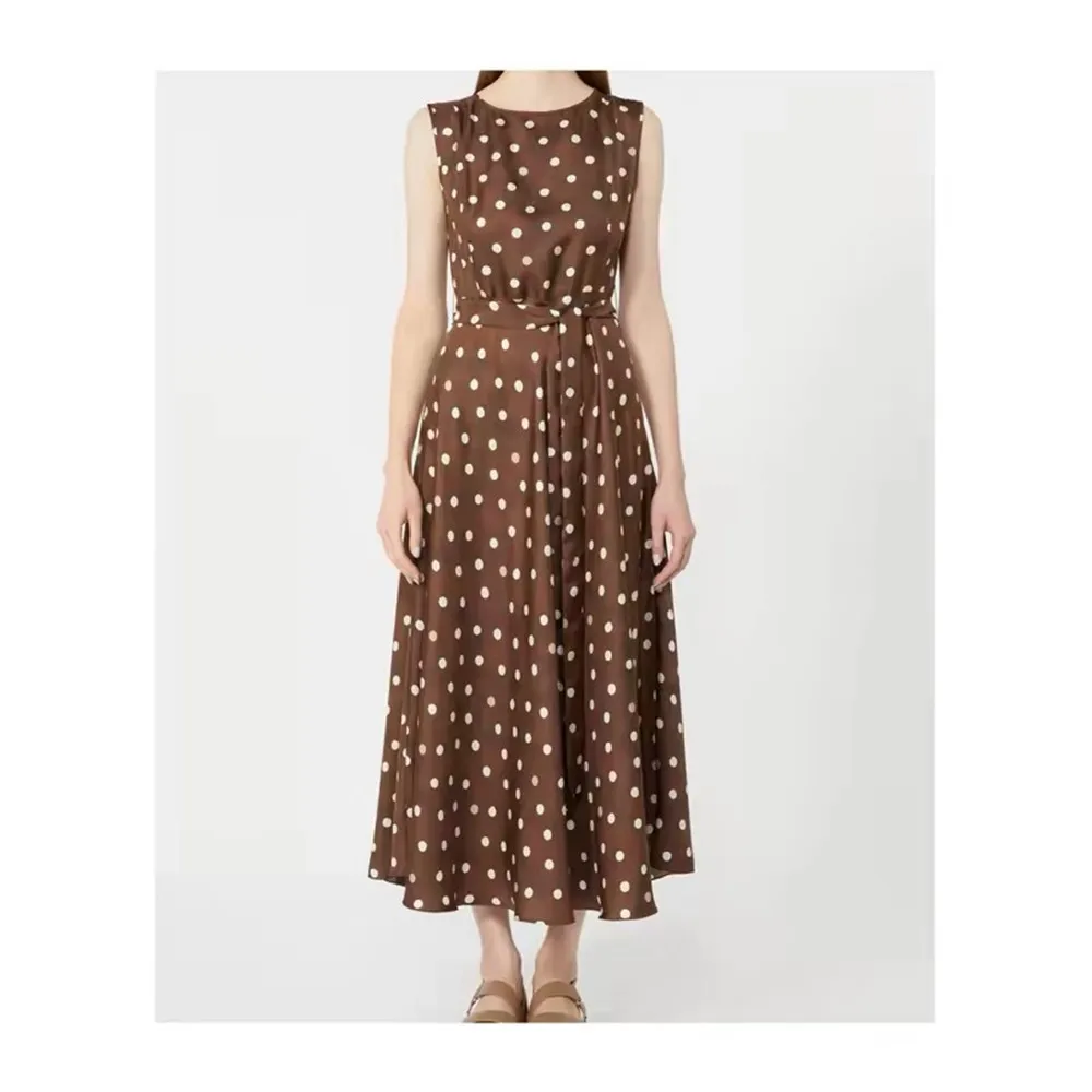 

Женское платье-жилет без рукавов с принтом, летнее шелковое платье в горошек с поясом