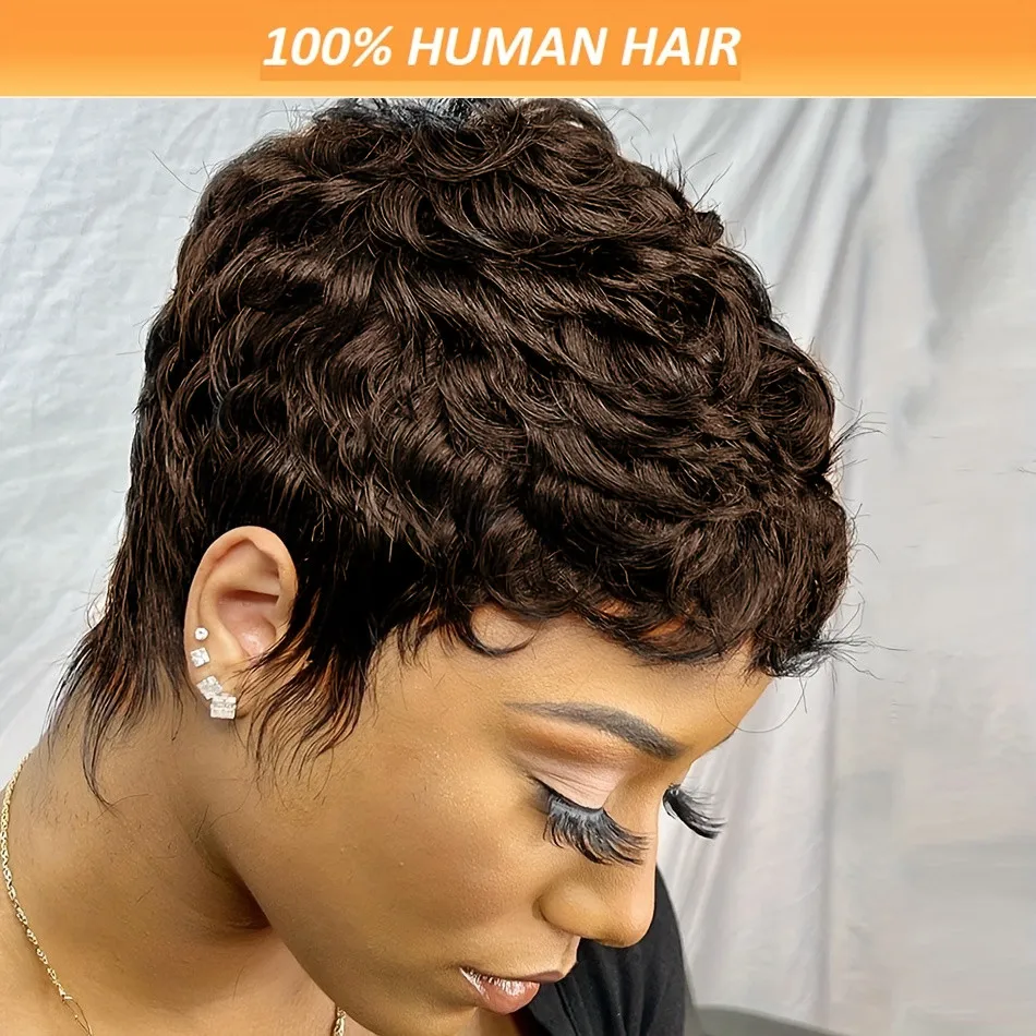 pixie cut 99j brown color 4inch150% density machine made short straight layered human hair wigs for women daily use remy wig image 3