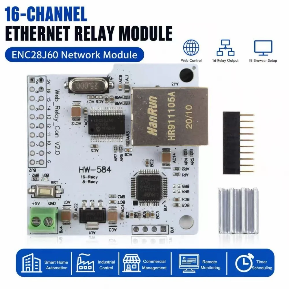 16-Channel ENC28J60 Network Module, Router-Controlled Relay Module, Suitable for Offices, Surveillance, Power Control, and More