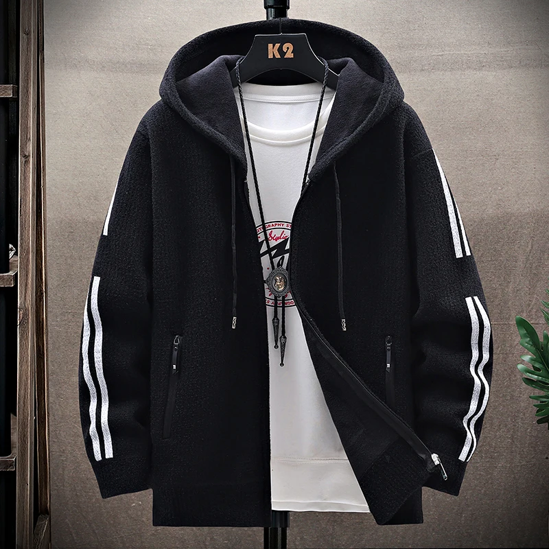 Business Casual Men's Sweater Cardigan Fleece Lined Hood Sweaters Jacket Retro Sweaters Coat Zipper Up Knit Cardigans