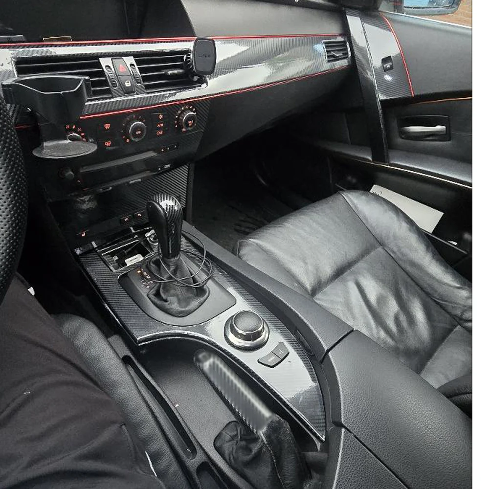 Carbon Fiber Interior Trim Stickers For BMW 5 Series E60 E61 05-10 Central Console Gear Shift Panel Door Handle Cover Trim