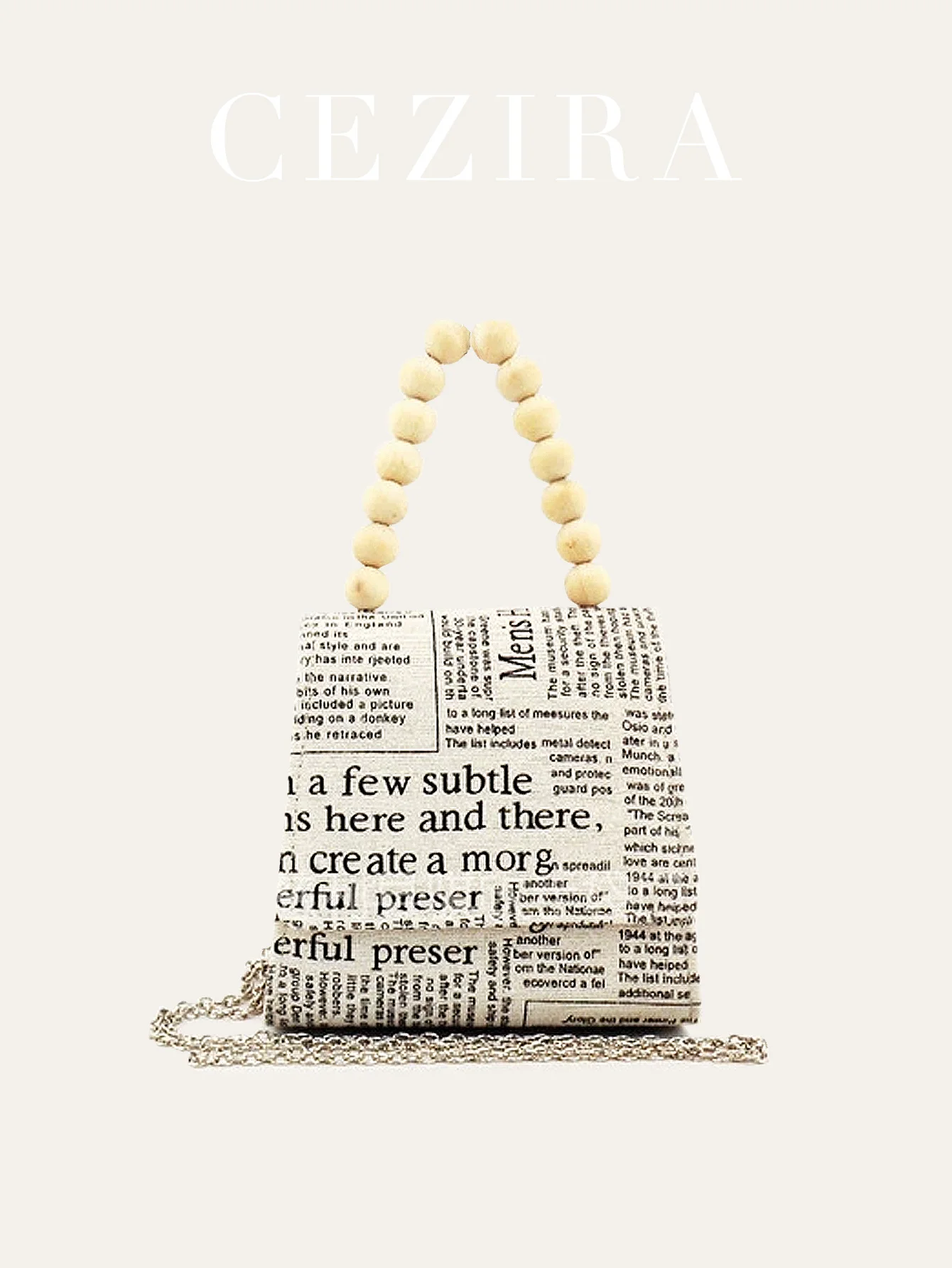 

CR Women's Fashion Newspaper All Over Printed Canvas Handbag Wooden Beads Handle Long Chain Crossbody Shoulder Top-handle Bag