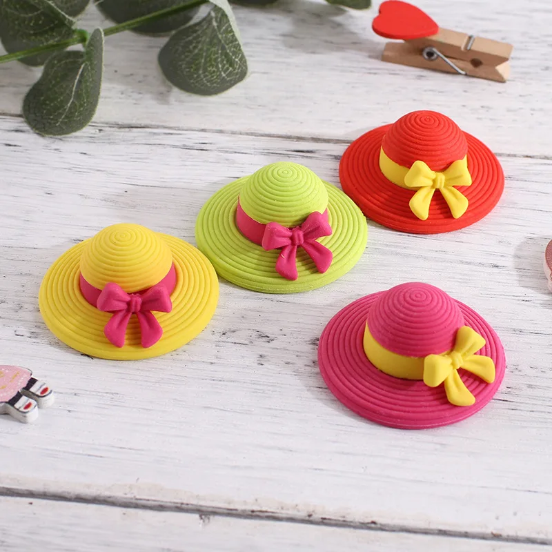 12 Pcs  Creative Cute Bowtie Straw Hat Student 3D Rubber Pencil Erasers, Christmas Birthday Gifts,Children Prizes