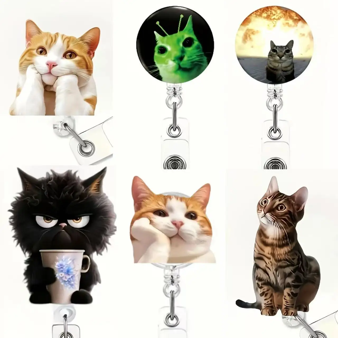 1pc cute cat Retractable Badge Reel with Metal Clip，360° Swivel Hook, For Nurses / Office / Corporate / Events/ Office Workers
