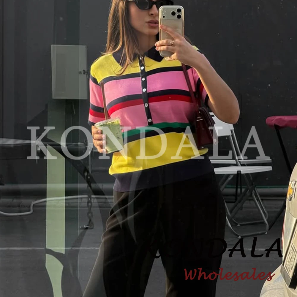 KONDALA Chic Summer Modern Striped Women Knitwear Streetwear Y2K Fashion 2026 POLO Shirt Turn-down Collar Female Casual Sweaters view 5