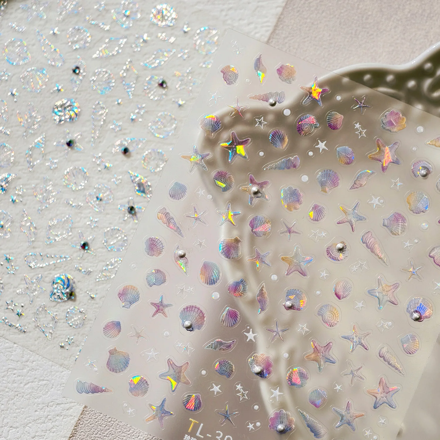 

Summer Beach Ocean Nail Art Stickers Glossy Aurora Shell Starfish Clams Conch Nail Decals 3D Relief Decoration Manicure Decals