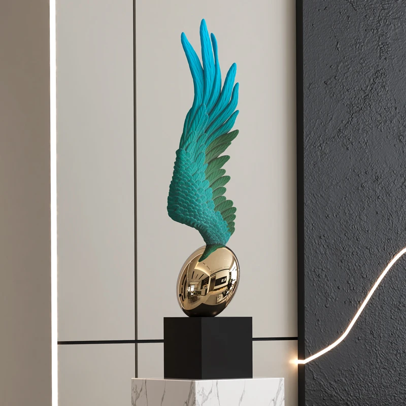 Home Decor Art Angel Wing Ornament Plating Resin Statue Hotel Living Room Entrance Staircase Corner Sculpture Floor Decoration