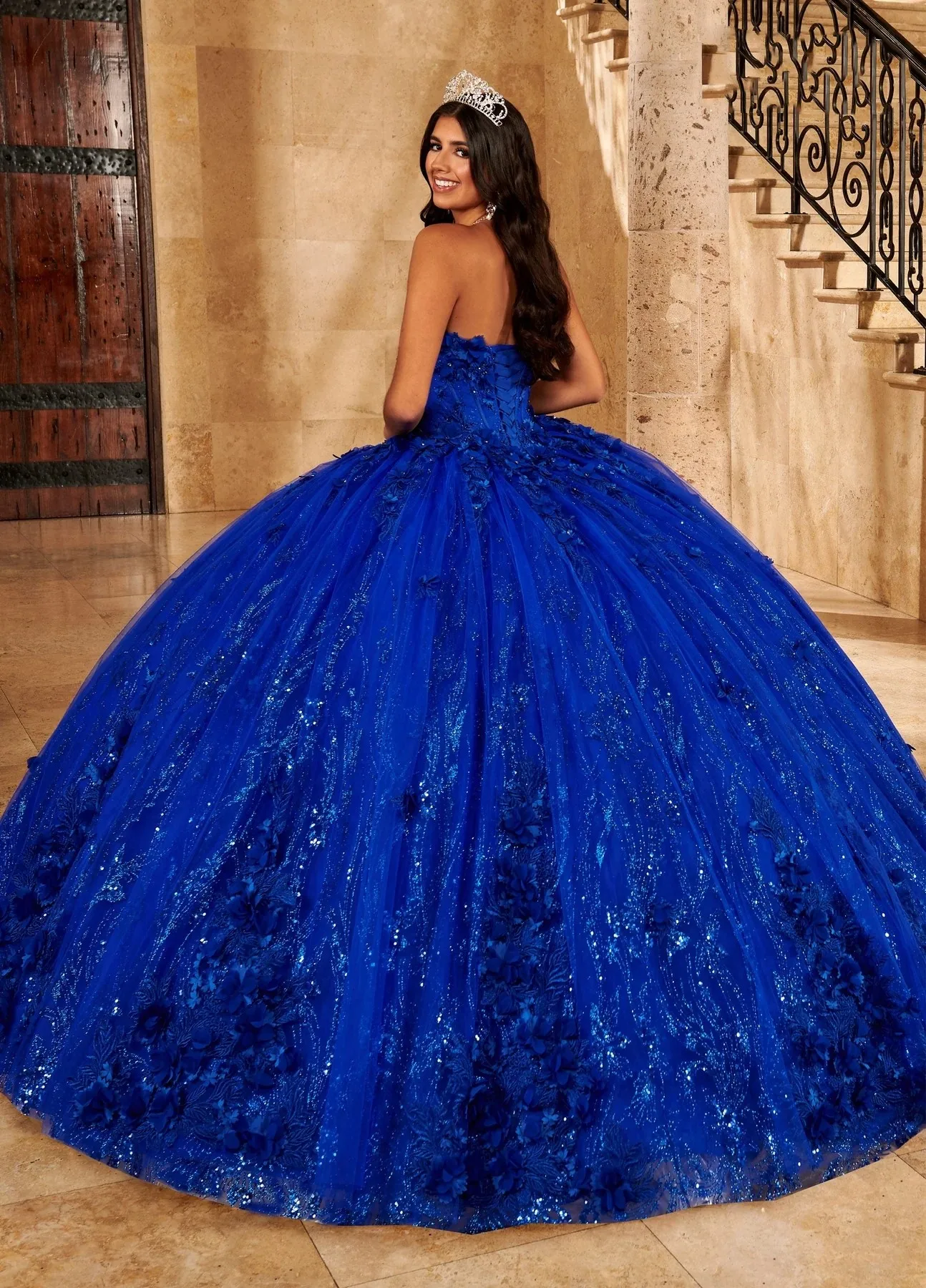 Azul Royal Charro Quinceanera Vestidos Vestido De Baile Fora Do Ombro Flores De Tule Puffy Doce Mexicano 16 Vestidos 15 Anos