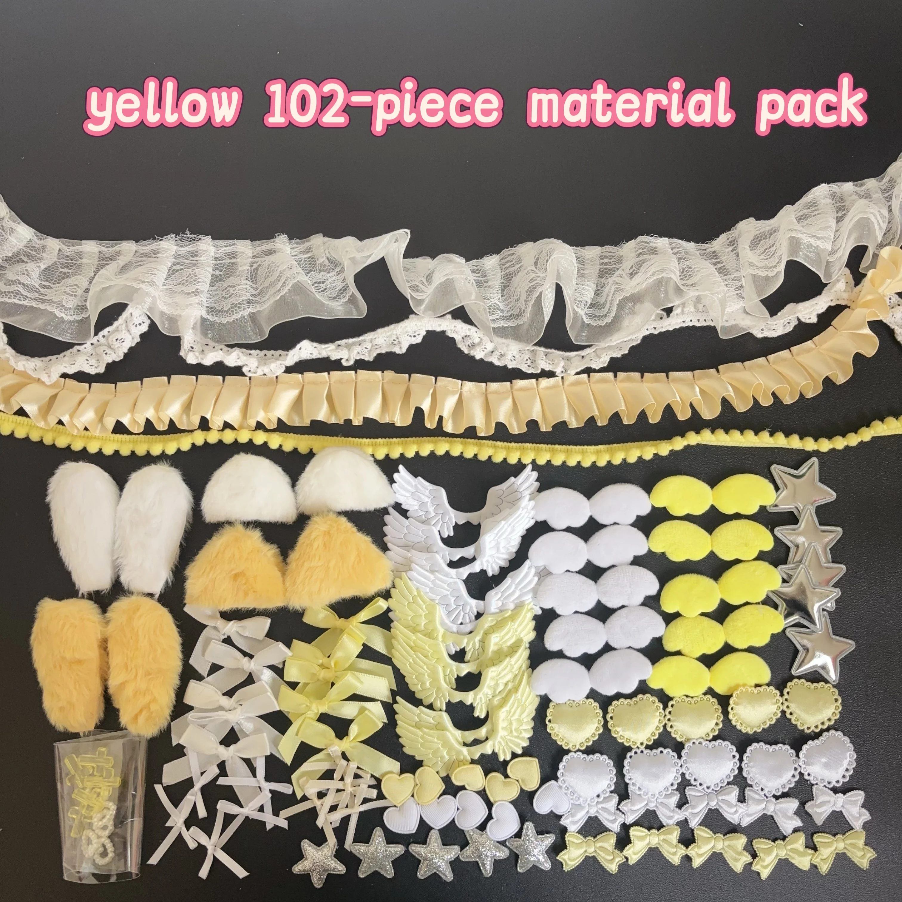 102 Pieces of Ribbon Lace Trim Handmade Material Kit Combination: Angel Wings, Plush Bunny Ears, Bow, Heart, Five-Pointed Star