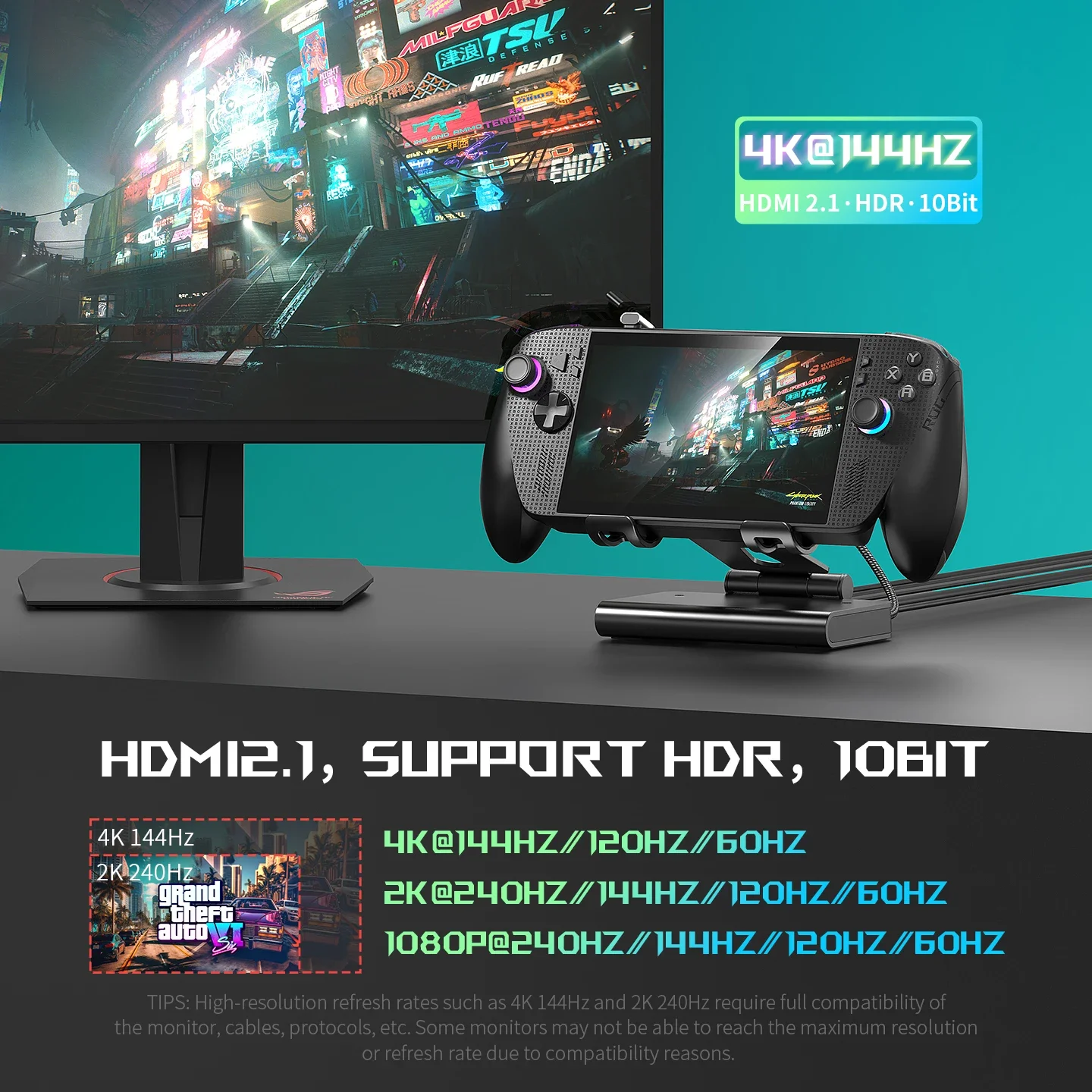 Docking Station 4K@144Hz for ROG Xbox Ally X (2025)/ROG Ally X, 6-in-1 Dock with HDMI 4K@144Hz, 3 Speed Dual Fan Cooling, PD100W