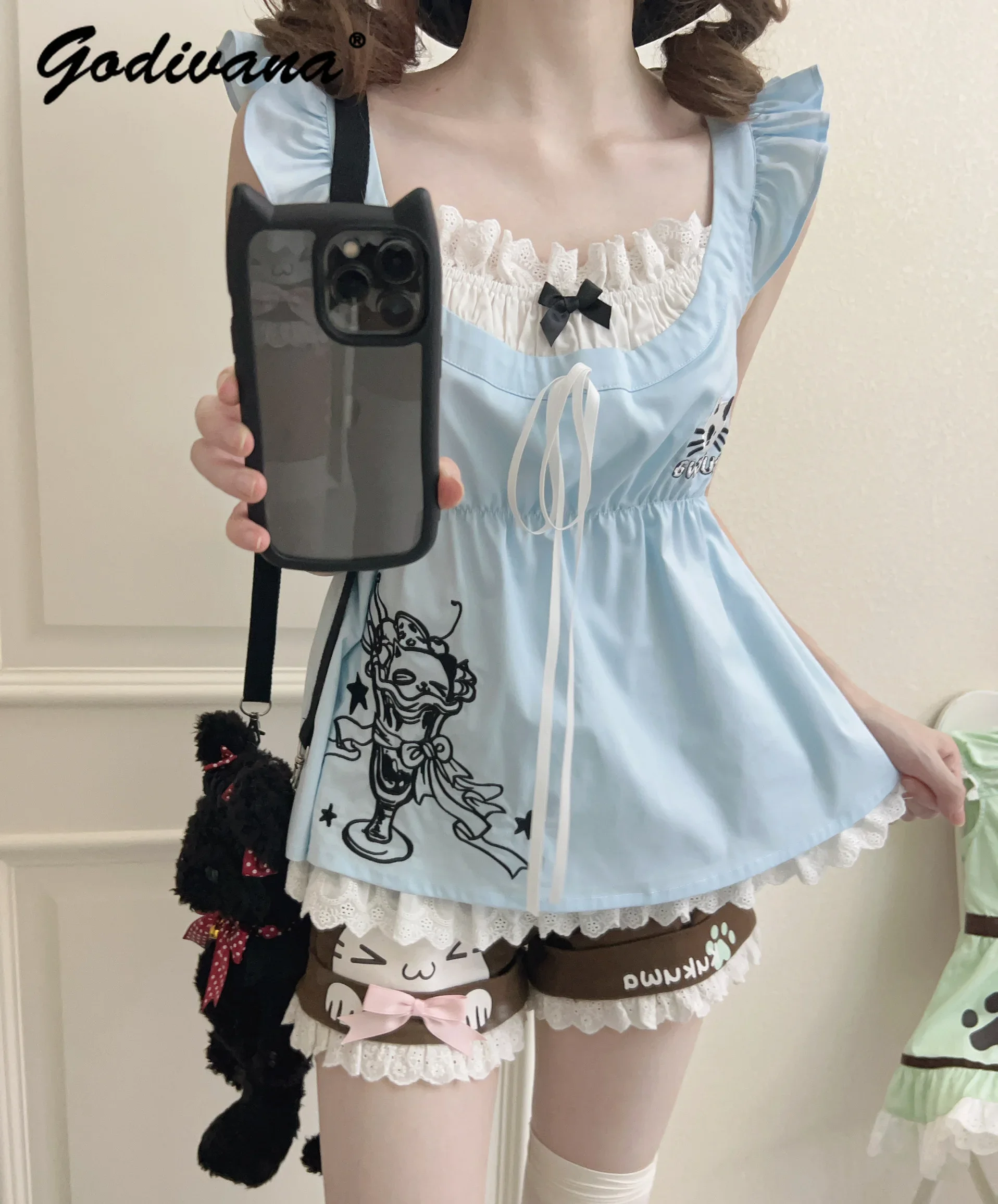 

Cute Girls Summer Flying Sleeve Bow Lace Tank Top and Shorts 2 Piece Set Sweet Women Students Casual Holiday Shorts Set