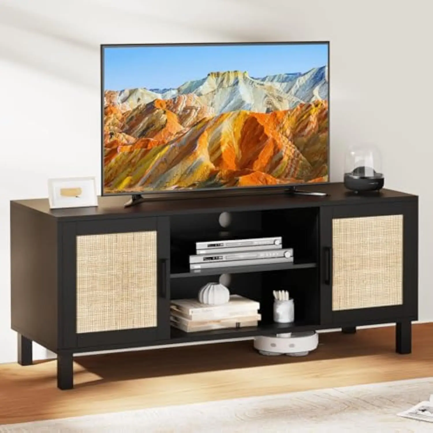 

Boho TV Stand for TVs up to 65'', Entertainment Center with Rattan Door, Shelves & 2 Cabinets, Solid Wood Feet, Rattan Tv Stand