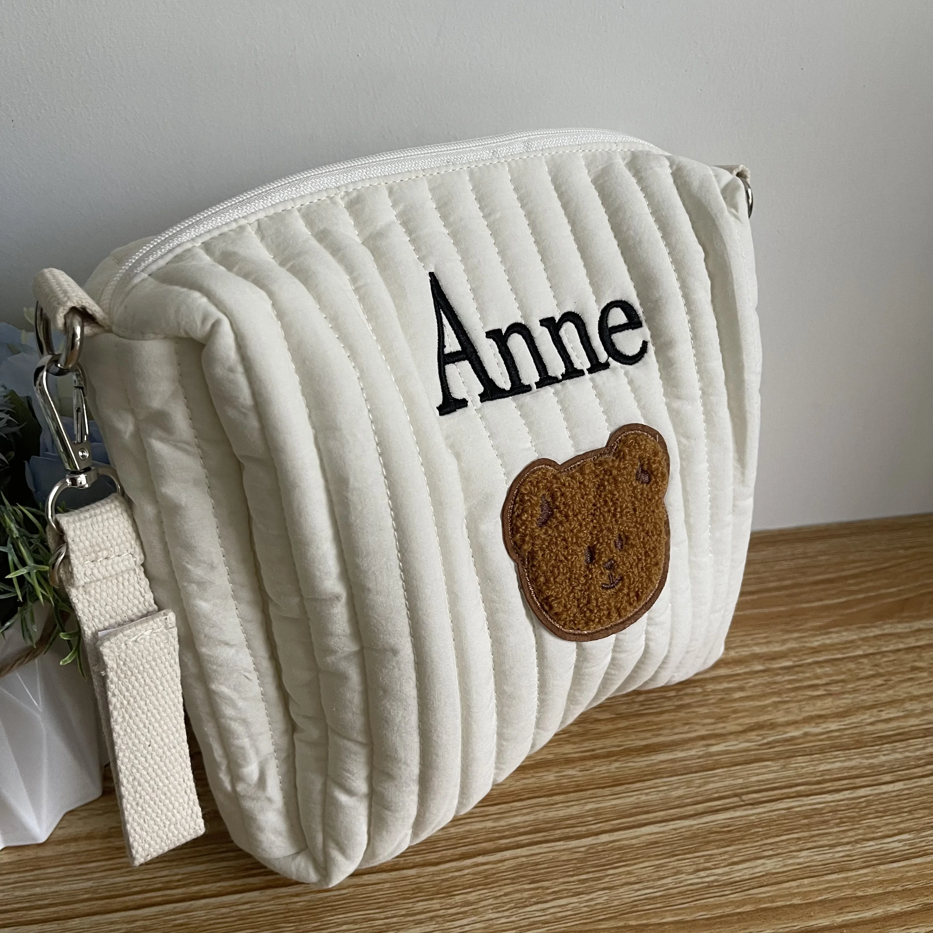 Embroidered Name Mommy Bag Personalized Multifunctional Cute Bear Diaper Storage Bag Outdoor Baby Stroller Hanging Bag Handbags