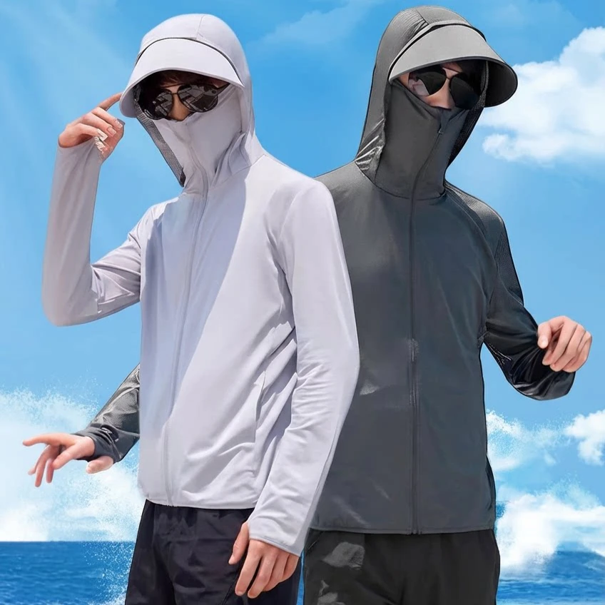 Unisex Ice Silk Cooling Sun Protection Jacket  Ultra-Thin Hooded Windbreaker with Loose Fit and Sporty Look for Men UPF 50+