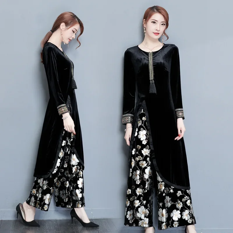 

Women's autumn and winter 2019 fashion new black two-piece gold velvet coat + loose elastic waist wide leg pants suit TB18123
