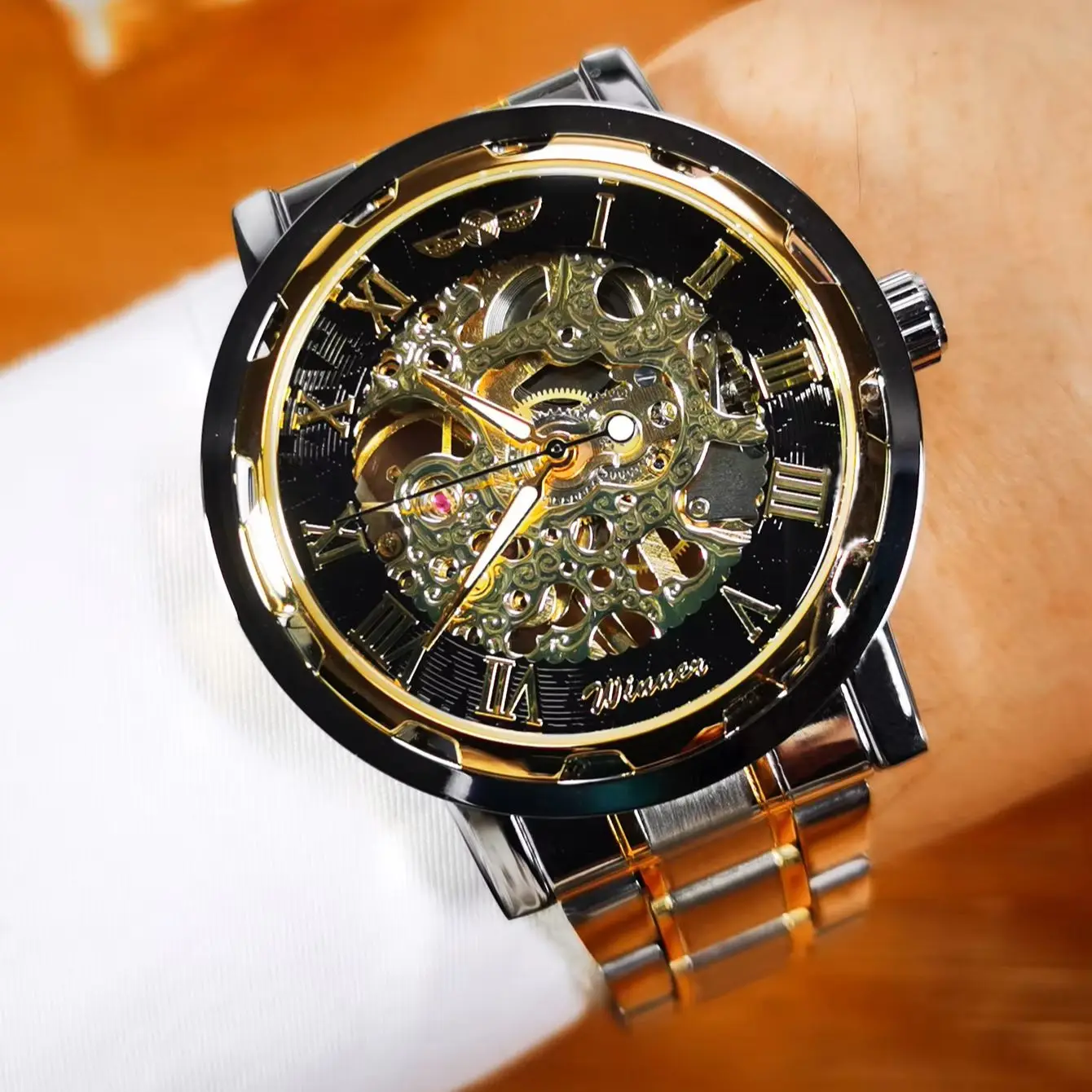 Reloj de Lujo Retro WINNER para Hombre, Relojes Mecánicos Clásicos de Cuerda Manual con Esqueleto, Correa de Acero Inoxidable, Relojes de Pulsera para Negocios