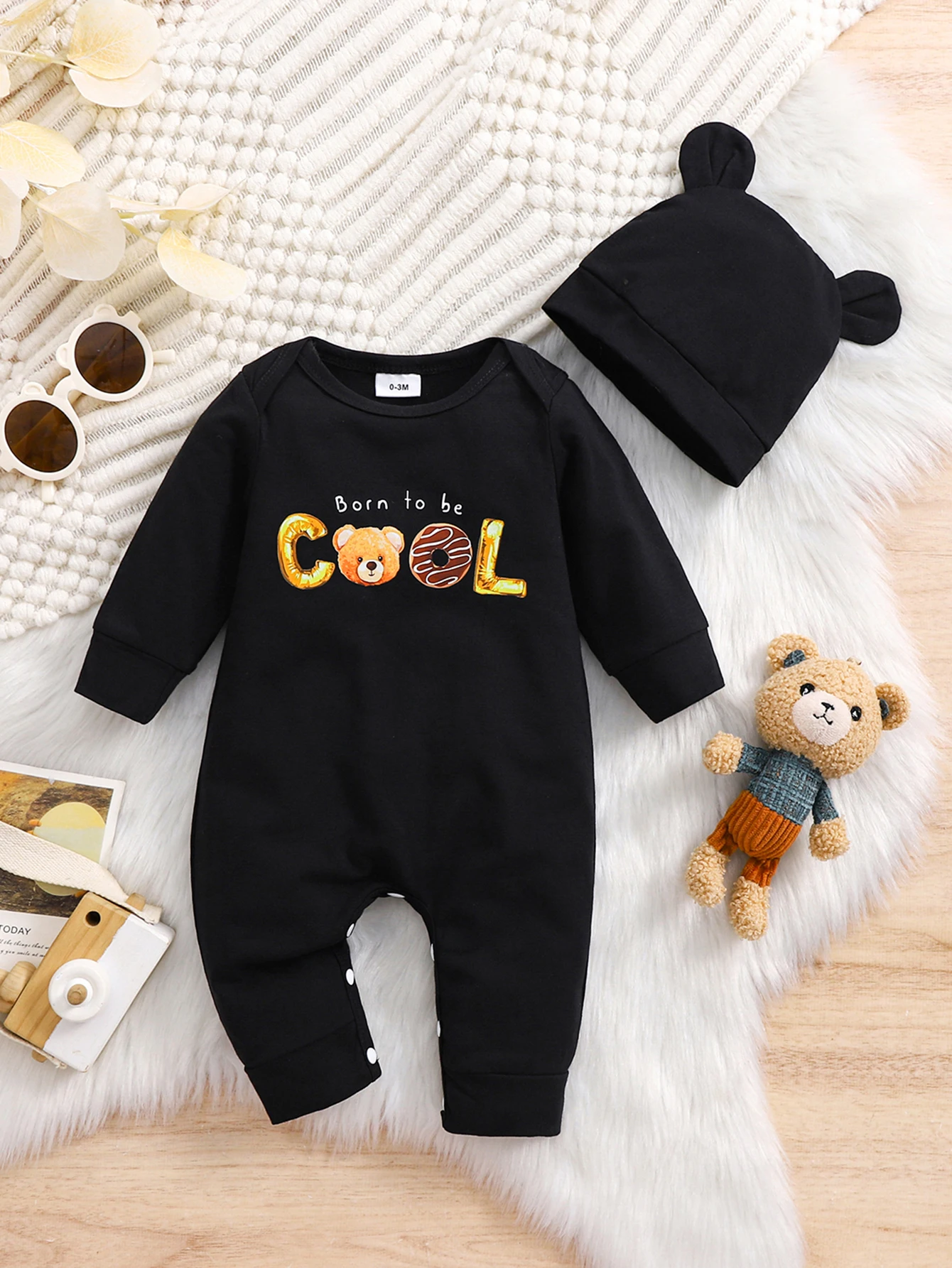 Autumn Newborn Baby Boys Romper with Hat ‘’Born to be COOL‘’ Cartoon Bear Print Long Sleeve Infant Jumpsuit Clothes