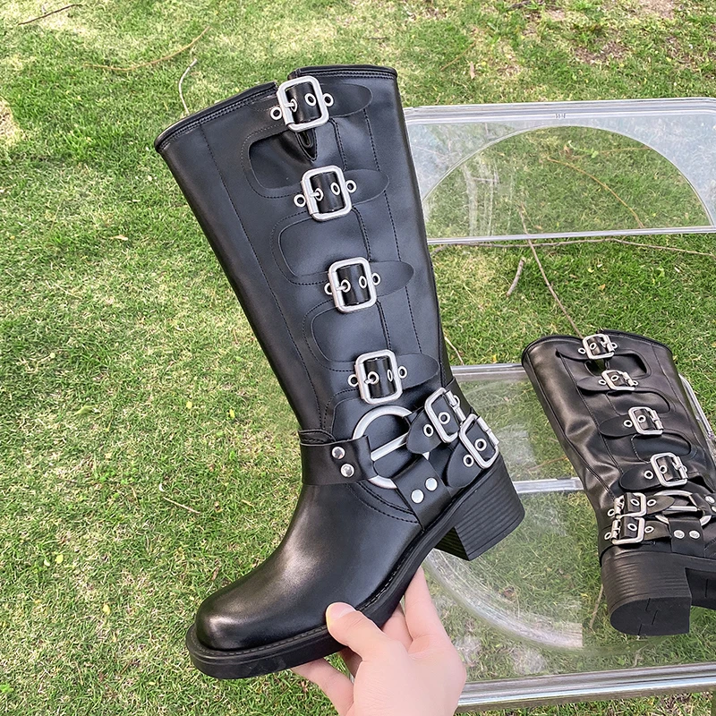 Damskie buty kowbojskie 2024 jesieล nowa klamra paska damskie buty Marton brytyjskie dลugie buty damskie