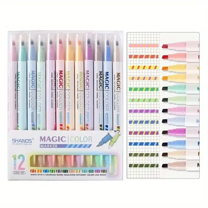 6/12pcs Double-ended Magic Color Changing Highlighter Pen Set, Student Diary Scrapbook Painting DIY Making, School Office Statio